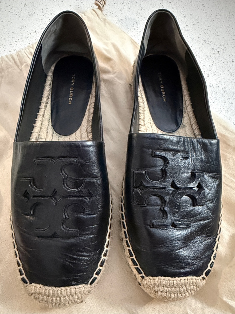 Tory Burch Black Leather Logo Espadrille Loafers with Natural Jute Trim - Picture 2 of 4